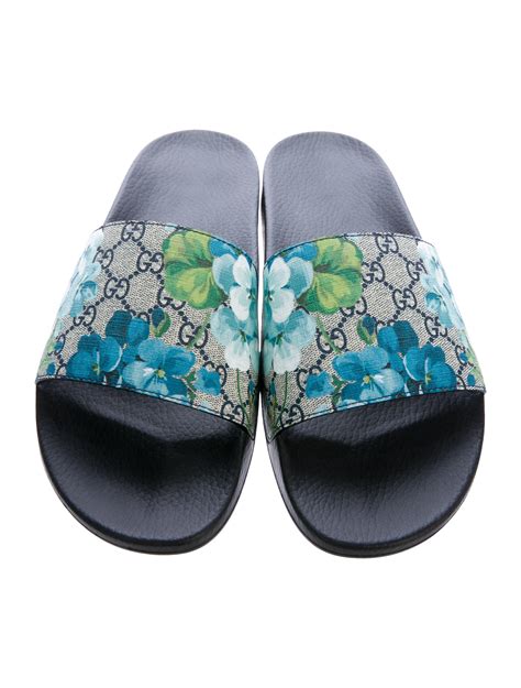 gucci bloom flower shoes|gucci slides with blue flowers.